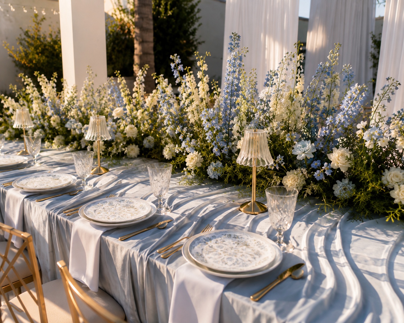 Elegant blue and white floral table setting