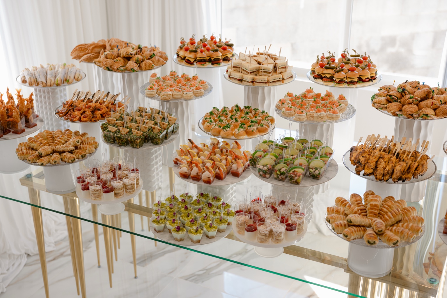 Bright elevated appetizer and small bites display