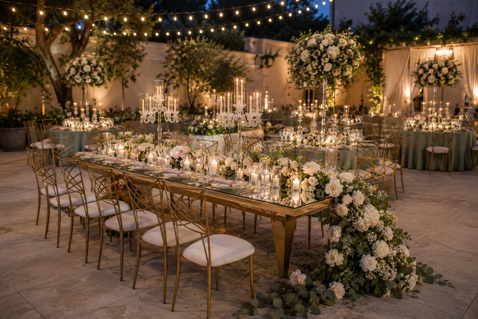 Elegant outdoor evening reception with flowers and candlelight