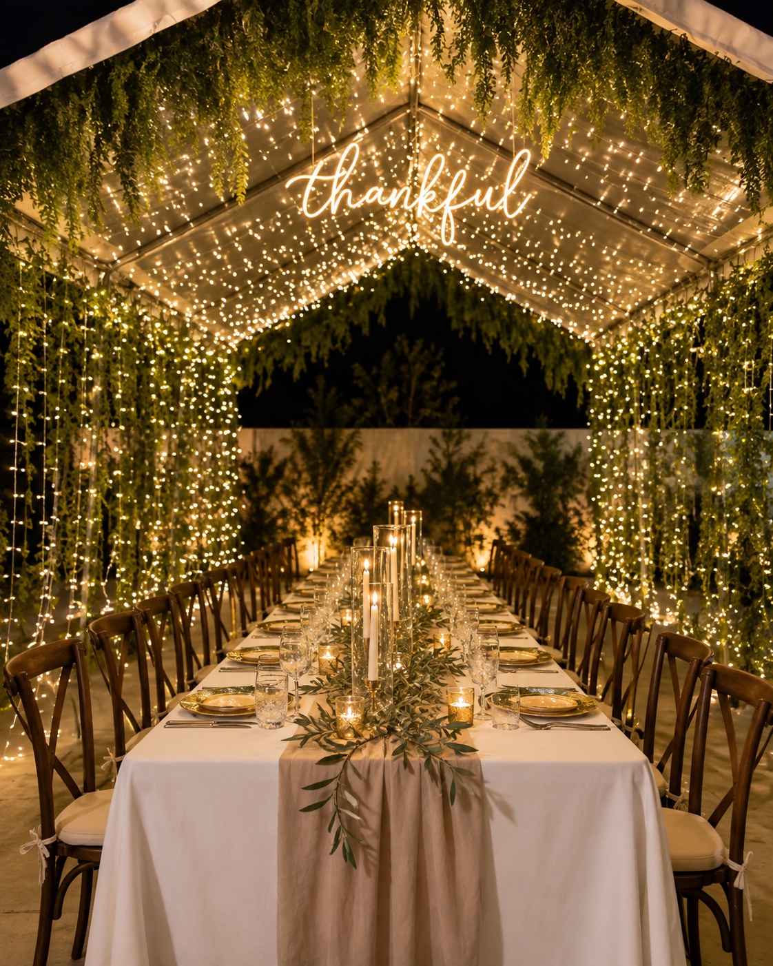Outdoor dinner tent with greenery and string lights