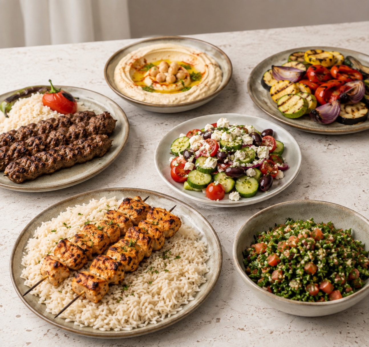 Mediterranean catering feast with grilled meats, salads and hummus